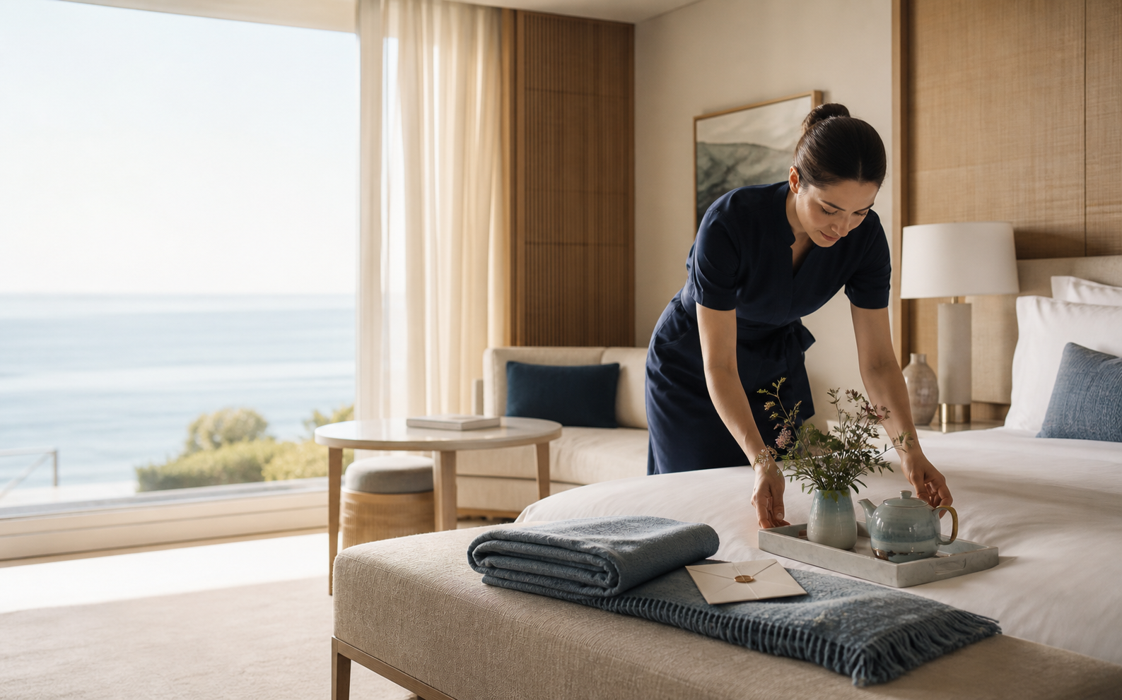 A hotel team member preparing a tailored in-room welcome for a guest