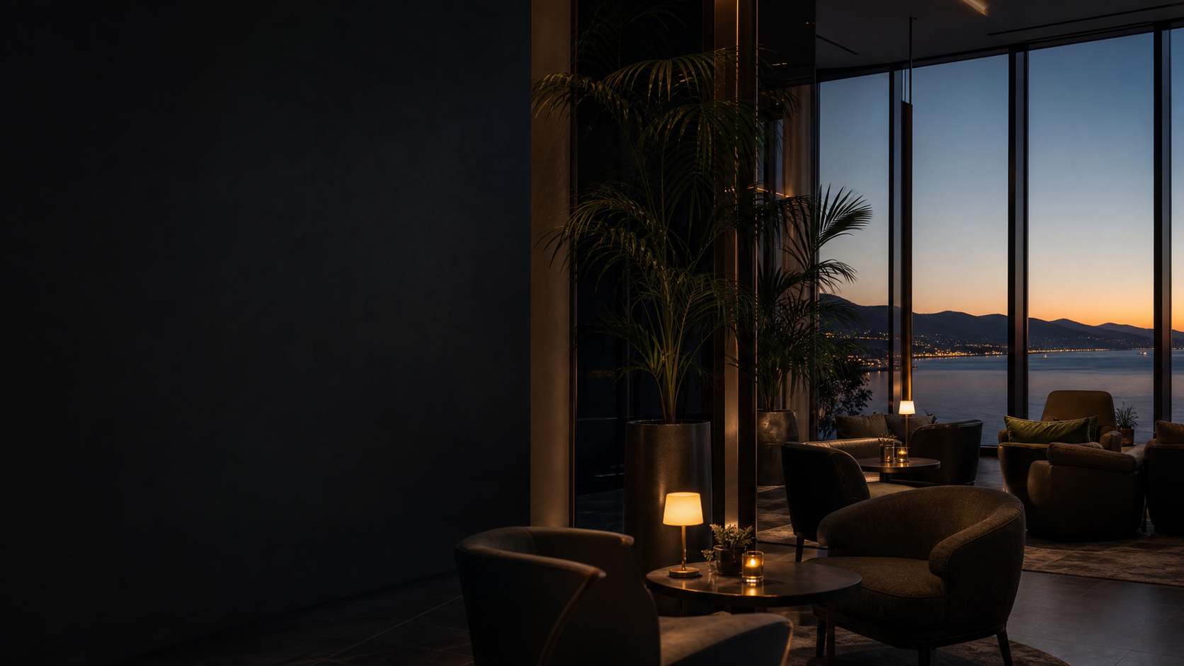 A sophisticated hotel lounge overlooking the sea